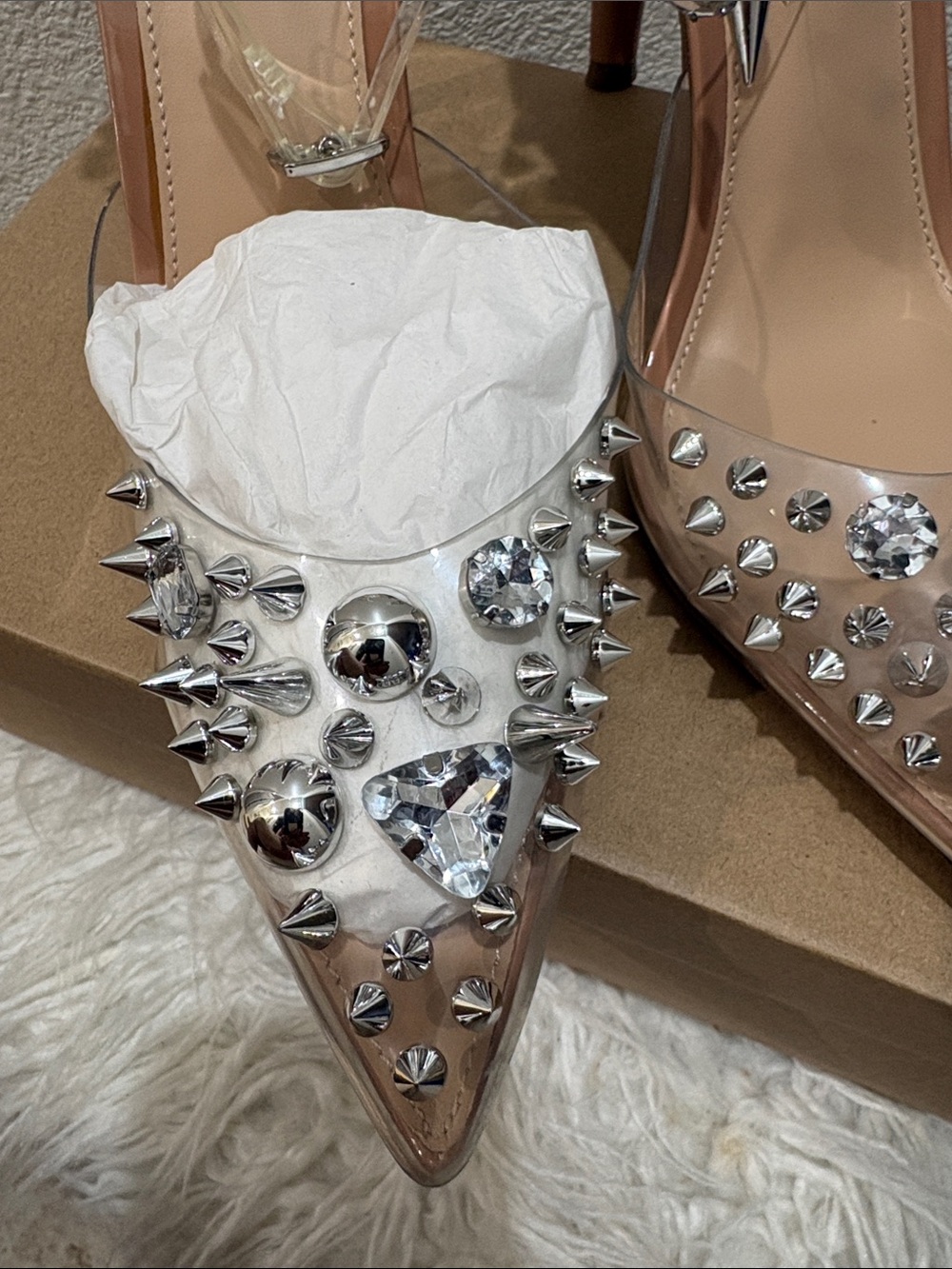 Steve Madden Nude Clear Crystal & Spike Embellished Pointed Stiletto Heels - Picture 3 of 6